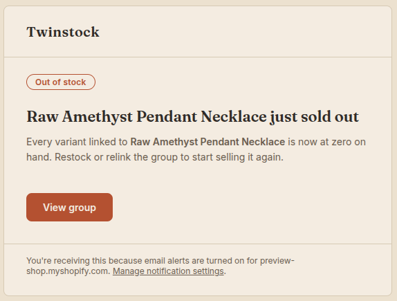 Twinstock email notification showing a sold-out group with the affected variants listed